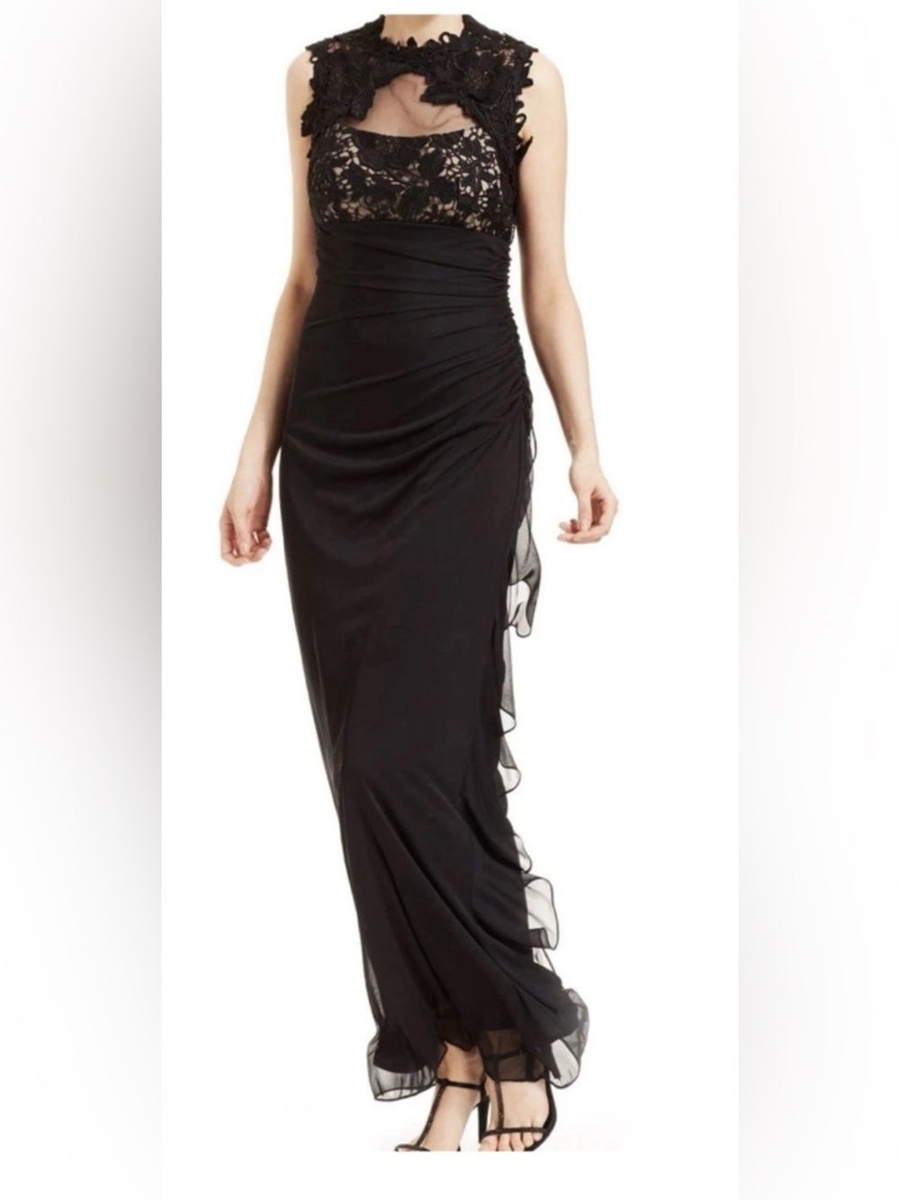 Betsy & Adam Black Ruched Side-Ruffle Maxi Skirt